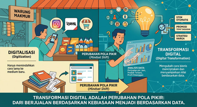 Ilustrasi Transformasi Digital Warung ke Bisnis Data. (Sumber: dibuat oleh AI)