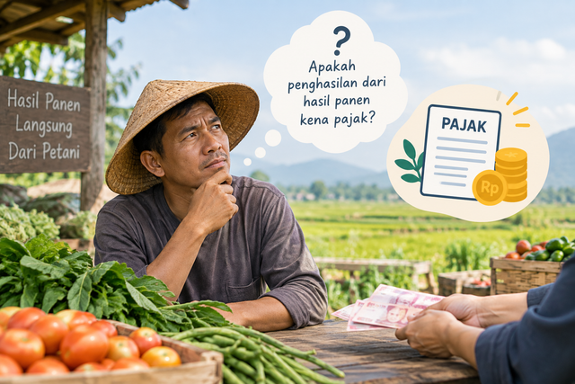 Ilustrasi petani menjual hasil panen dan penghasilan dari kegiatan pertanian. (Ilustrasi : AI)