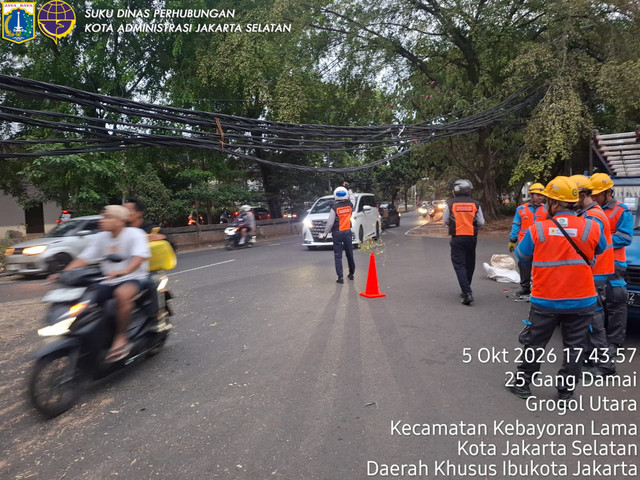 Suasana lalu lintas saat pohon tumbang di kawasan Kebayoran Lama, Jakarta Selatan, Senin (5/10/2026). Foto: Dok. Istimewa