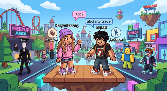 Ilustrasi interaksi pemain Roblox di ruang virtual. Avatar, bahasa, gestur, dan simbol menjadi bagian dari komunikasi interpersonal di dunia digital