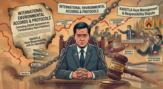 Ilustrasi Asap Lintas Batas, Siapa Bertanggung Jawab? Visual dibuat dengan bantuan Gemini AI