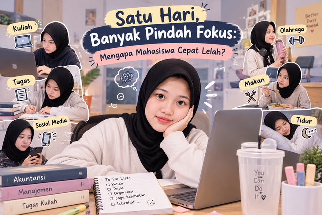 Illustrates how a student's day is fragmented by constantly shifting focus between studying, assignments, social media, eating, exercising, and resting. (Sumber: dibuat menggunakan AI berdasarkan dokumen pribadi)