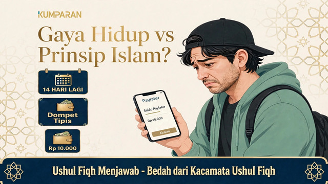 Ilustrasi seorang Gen Z yang mengalami dilema antara gaya hidup dan prinsip saat dompet menipis menjelang gajian, dengan godaan paylater sebagai solusi instan. Ilustrasi ini menggambarkan konflik antara maslahah dan mafsadah dalam perspektif Ushul Fiqh. (Sumber: ilustrasi penulis)
