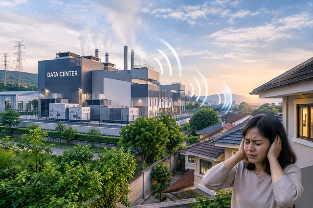 Ilustrasi data center yang beroperasi dekat permukiman dengan potensi kebisingan yang mengganggu warga. Sumber: Ilustrasi dibuat menggunakan ChatGPT (AI), 2026.
