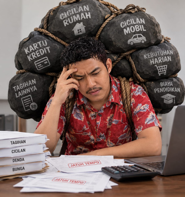 ilustrasi hutang dan cicilan yang menumpuk(chatGpt image)
