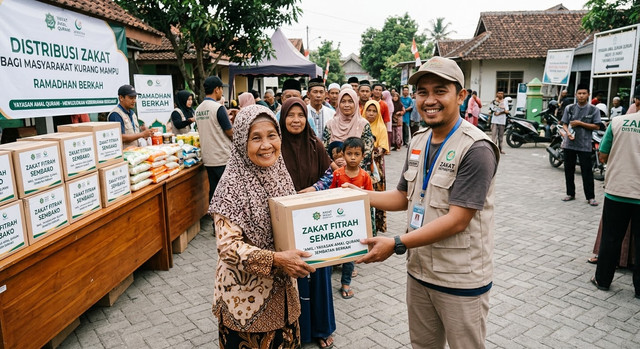 iilustrasi pendistribusian zakat fitrah. (Sumber : AI) 