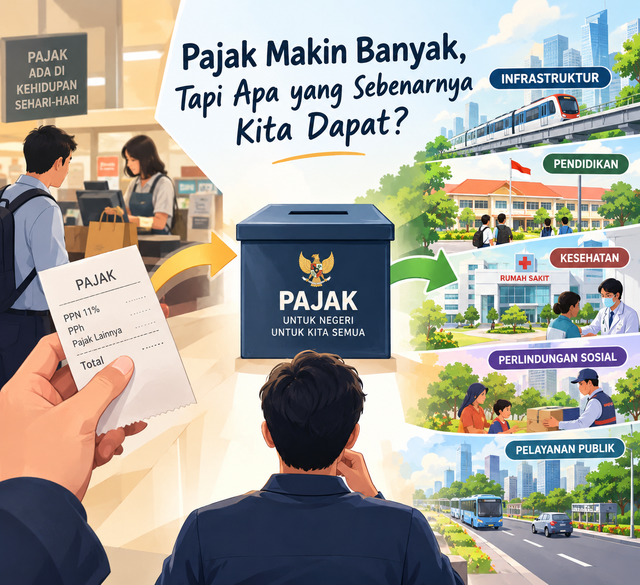 Ilustrasi pajak dan manfaatnya bagi masyarakat. Dibuat menggunakan AI oleh penulis.