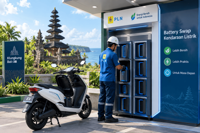 Ilustrasi stasiun battery swap kendaraan listrik di Klungkung, Bali, yang menunjukkan proses penukaran baterai dengan dukungan teknologi modern.Sumber: Ilustrasi dibuat dengan AI oleh ChatGPT.