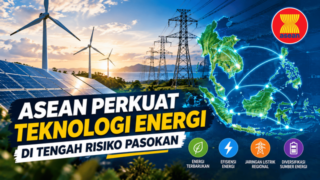 Panel surya, turbin angin, jaringan listrik, dan peta ASEAN.Sumber: Dibuat dengan AI Image Generator ChatGPT (OpenAI).