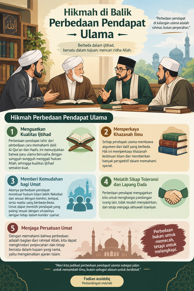 Ilustrasi hikmah di balik perbedaan pendapat ulama dibuat dengan bantuan AI