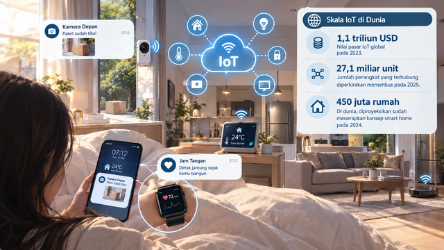 Penerapan IoT dalam kehidupan sehari-hari, seperti smart home, kamera, ponsel, dan smartwatch yang saling terhubung. (Ilustrasi: dibuat oleh AI)