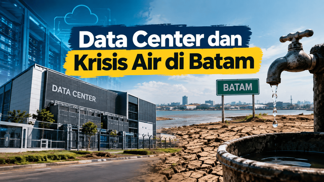 Ilustrasi editorial yang menggambarkan pusat data di Batam berdampingan dengan persoalan ketersediaan air, menyoroti pertemuan antara perkembangan infrastruktur digital dan kebutuhan air masyarakat.Sumber gambar: Ilustrasi AI dibuat dengan ChatGPT/OpenAI