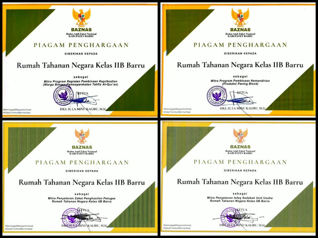 4 piagam penghargaan yang diterima Rutan Barru dari Baznas Barru (Doc : Humas Rutan Barru)