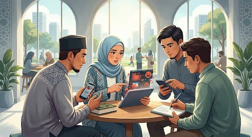Gambar hasil generasi AI yang menggambarkan orang yang sedang melakukan Tabayyun