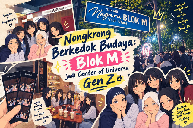 Kawasan Blok M yang kini menjadi pusat tongkrongan favorit Generasi Z. (Ilustrasi dibuat menggunakan Kecerdasan Buatan/AI)