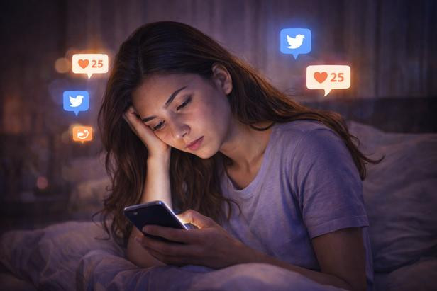 Ilustrasi Wanita bermain media sosial pada malam hari Sumber: ChatGPT