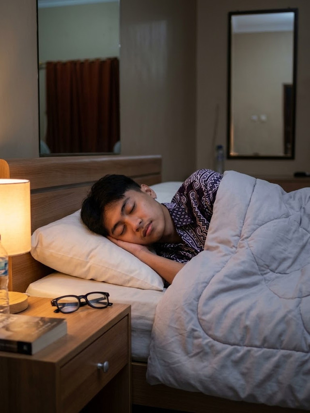 Ilustrasi seorang pria yang menerapkan sleep hygiene untuk mendapatkan tidur nyenyak. (Sumber Foto: AI/Gemini)