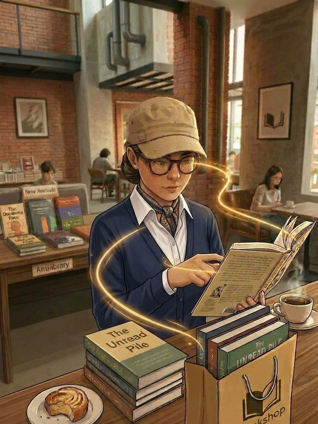 Ilustrasi digital yang menampilkan seorang pembaca di kafe buku, dibuat dengam bantuan AI