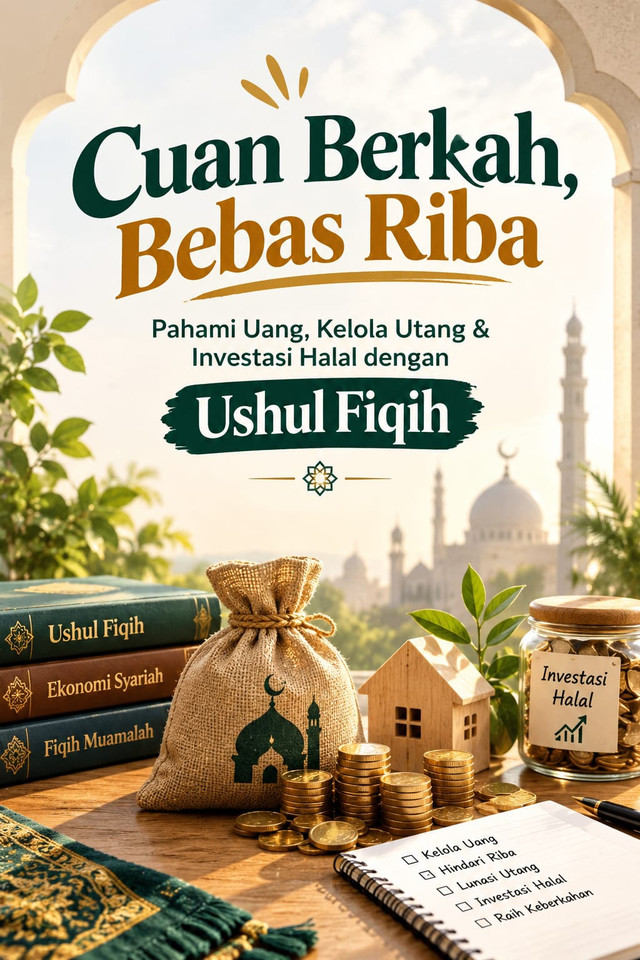 Visualisasi pengelolaan keuangan syariah melalui buku Ushul Fiqih, karung uang, dan instrumen investasi halal dengan latar masjid sebagai simbol keberkahan. (Sumber: ilustrasi penulis)