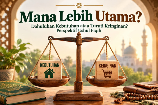 Ilustrasi timbangan kayu yang menyeimbangkan balok bertuliskan kebutuhan dengan ikon rumah dan keinginan dengan ikon keranjang belanja, di atas meja kayu dengan buku dan tasbih dengan latar masjid, menggambarkan konsep pertimbangan skala prioritas antara kebutuhan dan keinginan dalam perspektif Ushul Fiqih. Sumber: Dokumentasi pribadi