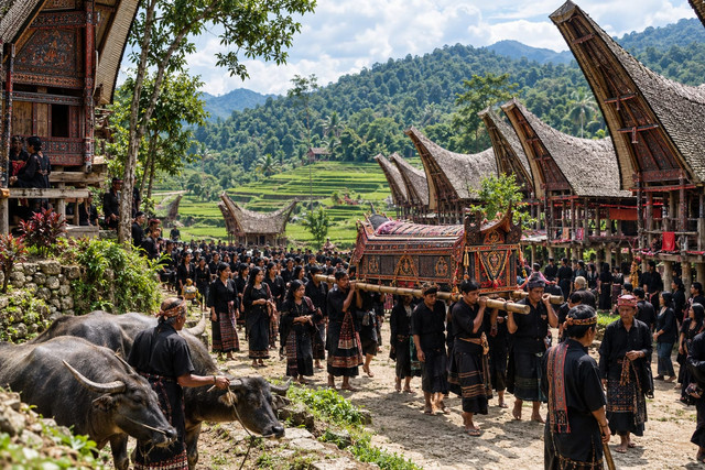 Ilustrasi Foto Upacara Adat Rambu Solo Toraja (chatGpt image) 