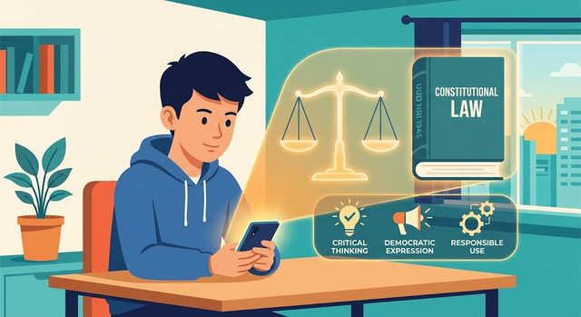 Gambar Ilustrasi 1: Menjadi Warga Negara yang Cerdas Secara Konstitusional ("Sumber: Ilustrasi Pribadi (AI Generated)". Ilustrasi yang menggambarkan pentingnya literasi hukum dan konstitusi di era digital. Menjadi warga negara yang cerdas tidak cukup hanya dengan mampu menggunakan teknologi, tetapi juga harus mampu memahami posisi, hak, kewajiban, dan tanggung jawabnya sebagai warga negara di dalam negara hukum. Di sinilah letak pentingnya pemahaman akan hubungan antara tata hukum ketatanegaraan Indonesia dan konsep smart and good citizenship. Penyelenggaraan kehidupan berbangsa dan bernegara harus berlandaskan konstitusi, di mana UUD NRI Tahun 1945 merupakan dasar yang mengatur jalannya kekuasaan negara sekaligus menjamin hak-hak warga negara.