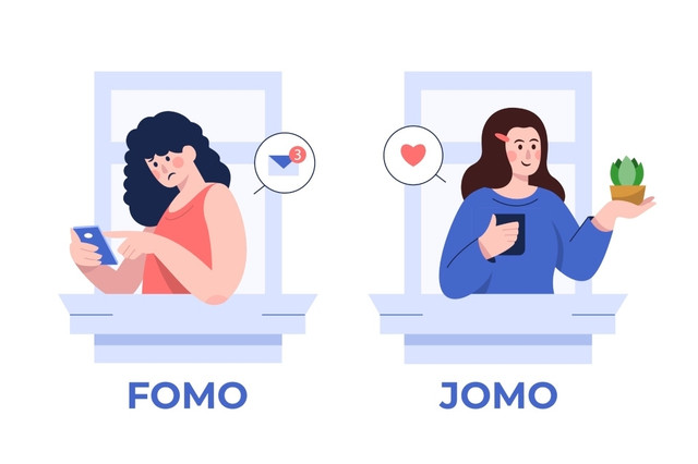 Foto : Ilustrasi perbedaan FOMO (Fear of Missing Out) dan JOMO (Joy of Missing Out) pada remaja (sumber web: https://www.vecteezy.com/vector-art/3348405-fomo-vs-jomo-concept-in-flat-design)