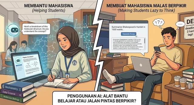 Konsep ilustrasi diolah dari sintesis kajian dampak AI generatif terhadap pola belajar dan kognitif mahasiswa di perguruan tinggi.