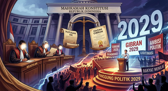 Ilustrasi Putusan MK soal Ijazah Gibran: Pengadilan Konstitusi atau Panggung Politik 2029?. Visual dibuat dengan bantuan Gemini AI
