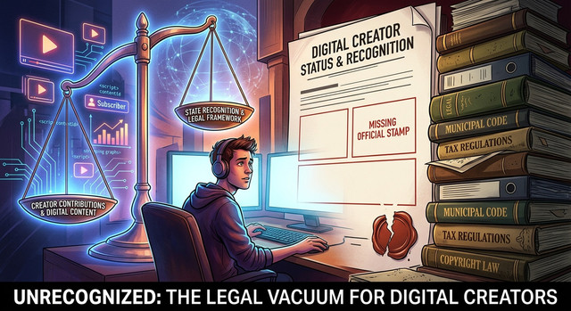 Ilustrasi Status Hukum YouTuber: Ketika Negara Gagal Mengakui Profesi Digital. Visual dibuat dengan bantuan Gemini AI