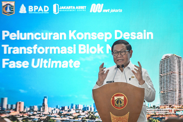 Gubernur DKI Jakarta Pramono Anung menyampaikan sambutan saat peluncuran Konsep Desain Transformasi Kawasan Blok M Fase Ultimate di Blok M Hub, Jakarta, Selasa (6/10/2026). Foto: Sulthony Hasanuddin/ANTARA FOTO 