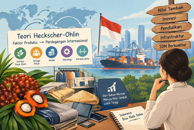 Sumber gambar: Dibuat menggunakan AI. Ilustrasi Teori Heckscher-Ohlin dalam perdagangan internasional. Kekayaan sumber daya alam dan tenaga kerja menjadi salah satu keunggulan Indonesia, tetapi peningkatan teknologi, kualitas SDM, infrastruktur, dan inovasi diperlukan agar keunggulan tersebut dapat menghasilkan produk dengan nilai tambah yang lebih tinggi.