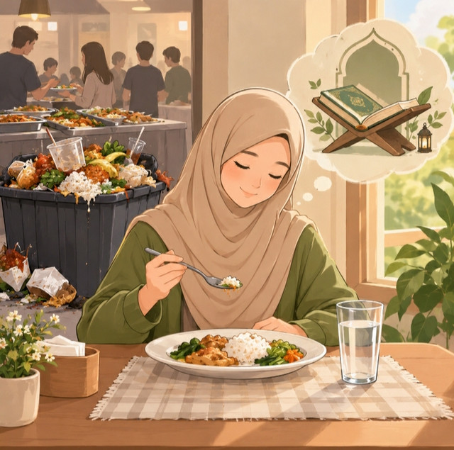 gambar ini hasil dari generasi AI yang menggambarkan makan secukupnya di tengah mubazir makanan