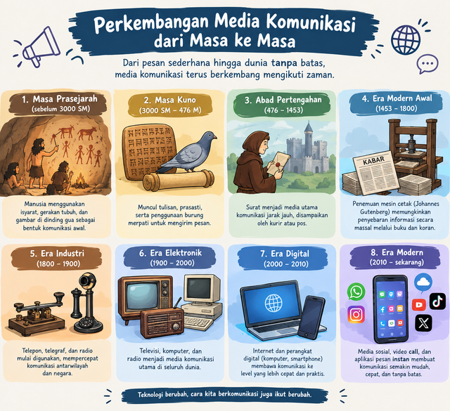 Gambar perkembangan media komunikasi dari Waktu ke-waktu. Sumber: Ilustrasi dibuat menggunakan AI melalui ChatGPT (OpenAI)