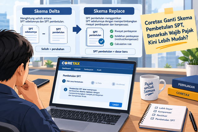 Ilustrasi: Dibuat menggunakan AI oleh penulis.Sumber data: Direktorat Jenderal Pajak, terkait penerapan skema replace dalam pembetulan SPT melalui Coretax berdasarkan PER-12/PJ/2026.