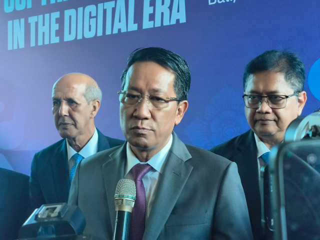Menteri Hukum, Supratman Andi Atgas, ketika memberikan keterangan pers di Forum Global Dialogue on Cross-Border Copyright Royalty Governance in the Digital Era di Kuta, Bali, Rabu (7/10/2026). Foto: Sandra Gisela/kumparan