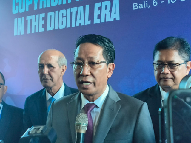 Menteri Hukum, Supratman Andi Atgas, ketika memberikan keterangan pers di Forum Global Dialogue on Cross-Border Copyright Royalty Governance in the Digital Era di Kuta, Bali, Rabu (7/10/2026). Foto: Sandra Gisela/kumparan