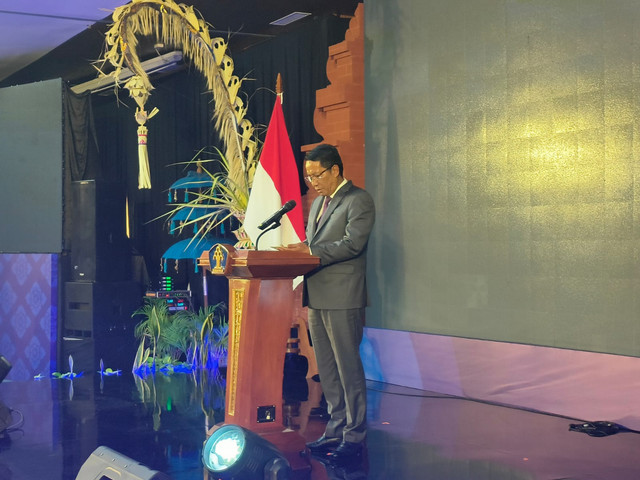 Menteri Hukum, Supratman Andi Atgas, ketika memberikan sambutan di Forum Global Dialogue on Cross-Border Copyright Royalty Governance in the Digital Era di Kuta, Bali, Rabu (7/10/2026). Foto: Sandra Gisela/kumparan