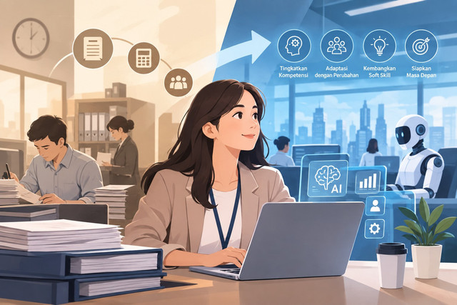 Sumber gambar: Dibuat menggunakan AI. Ilustrasi SDM dalam menghadapi perubahan teknologi dan AI melalui peningkatan keterampilan serta kemampuan beradaptasi.