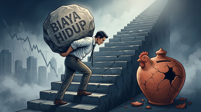 Ilustrasi tekanan inflasi dan fenomena makan tabungan pada kelompok pekerja formal. (Foto: Dok. Pribadi / AI Generated)