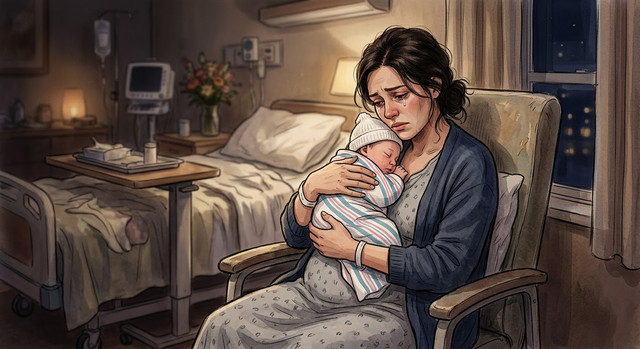 ilustrasi seorang ibu yang baru melahirkan tanpa ada yang membantu. picture made by gemini ai