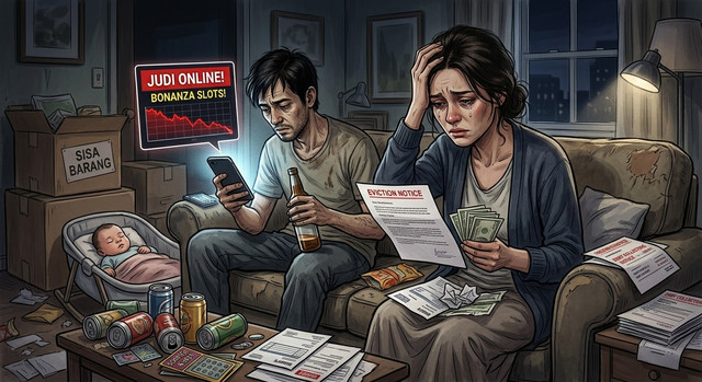 ilustrasi keluarga yang terjerat judi online. picture made by gemini Ai