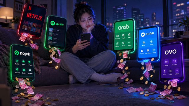 Ilustrasi langganan streaming dan aplikasi digital yang bikin boros. (Sumber Foto: Ilustrasi AI)