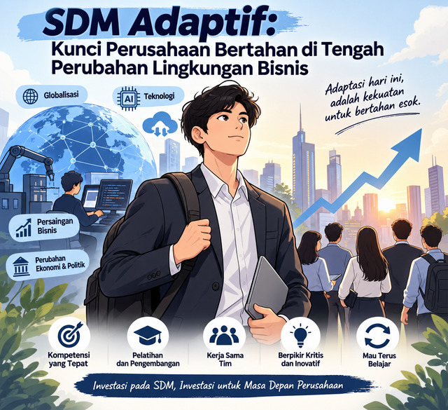 Sumber gambar: Dibuat menggunakan AI, 2026.                      Ilustrasi animasi yang menggambarkan pentingnya SDM adaptif dalam menghadapi teknologi, globalisasi, dan persaingan bisnis.