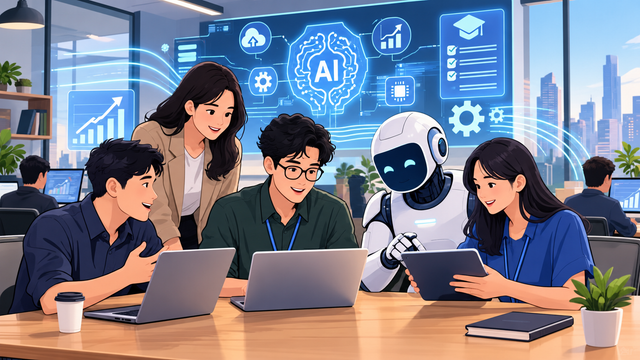 Sumber gambar: Dibuat menggunakan AI, 2026.       Ilustrasi menggambarkan karyawan yang bekerja bersama teknologi AI untuk menunjukkan pentingnya adaptasi, peningkatan kompetensi, dan kolaborasi manusia dengan teknologi. 