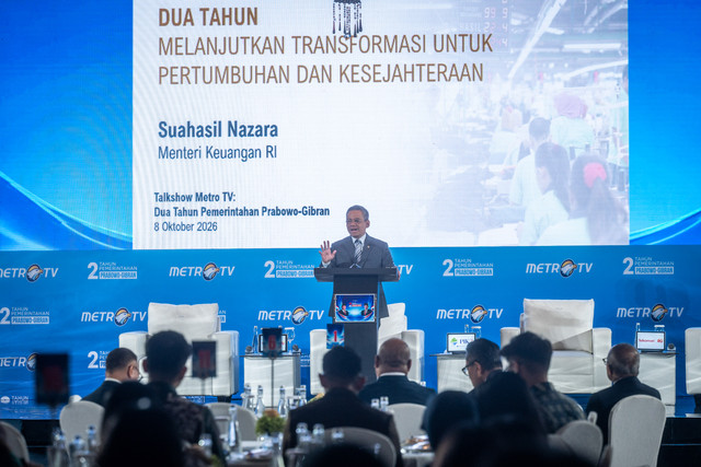 Menteri Keuangan Suahasil Nazara menjadi pembicara utama pada Forum 2 tahun Pemerintahan Prabowo Gibran di Jakarta, Kamis (8/10/2026). Foto: Bayu Pratama S/ANTARA FOTO