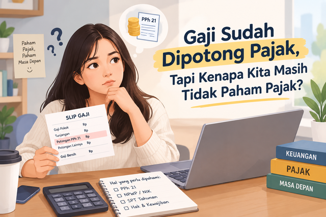 Ilustrasi pekerja muda memahami potongan pajak pada slip gaji. Sumber: Dok. Pribadi/Ilustrasi AI.