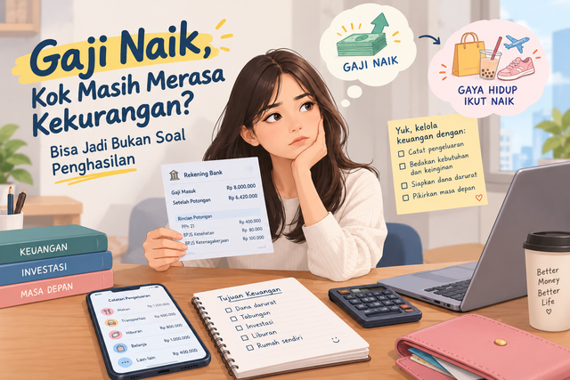 Ilustrasi anak muda mengatur penghasilan dan pengeluaran sebagai bagian dari literasi keuangan.Dok. Pribadi/Ilustrasi AI.