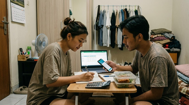 Realitas anak muda yang sedang menyusun anggaran/budgeting dan mempersiapkan bekal sendiri di kamar kos/kontrakan sederhana, cocok sebagai pendukung visual gaya hidup hemat secara sadar. (Sumber Foto: Ilustrasi dibuat oleh AI)