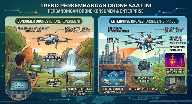 Ilustrasi tren perkembangan drone baik untuk hobi dan komersial (AI-generated)